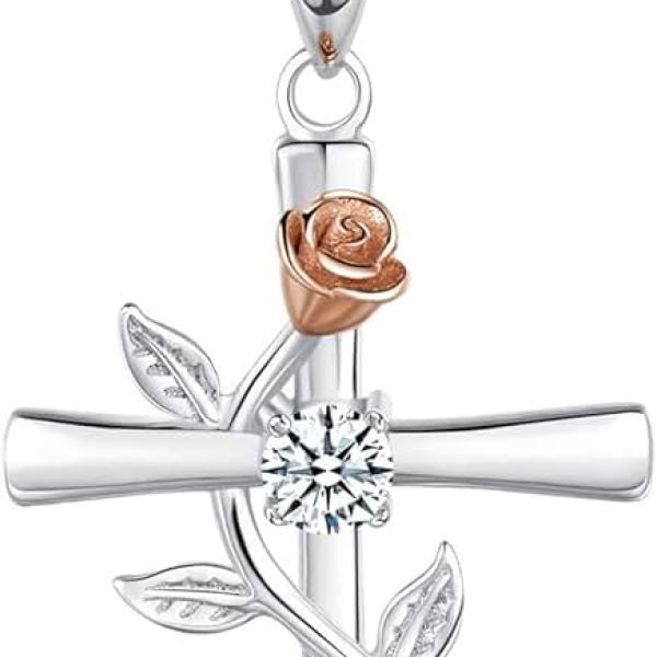 BlingGem Cross Necklace for Women 925 Sterling Silver Birthstone Necklace Rose Cross Pendant 5A