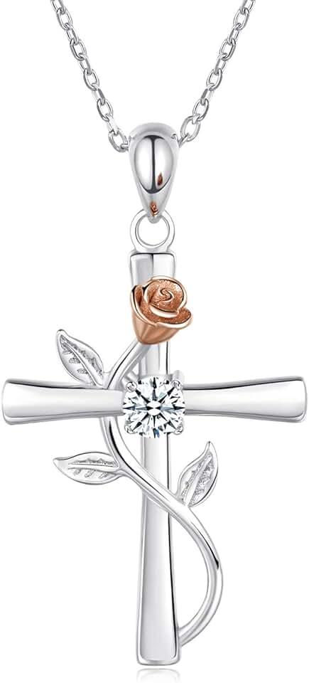 BlingGem Cross Necklace for Women 925 Sterling Silver Birthstone Necklace Rose Cross Pendant 5A