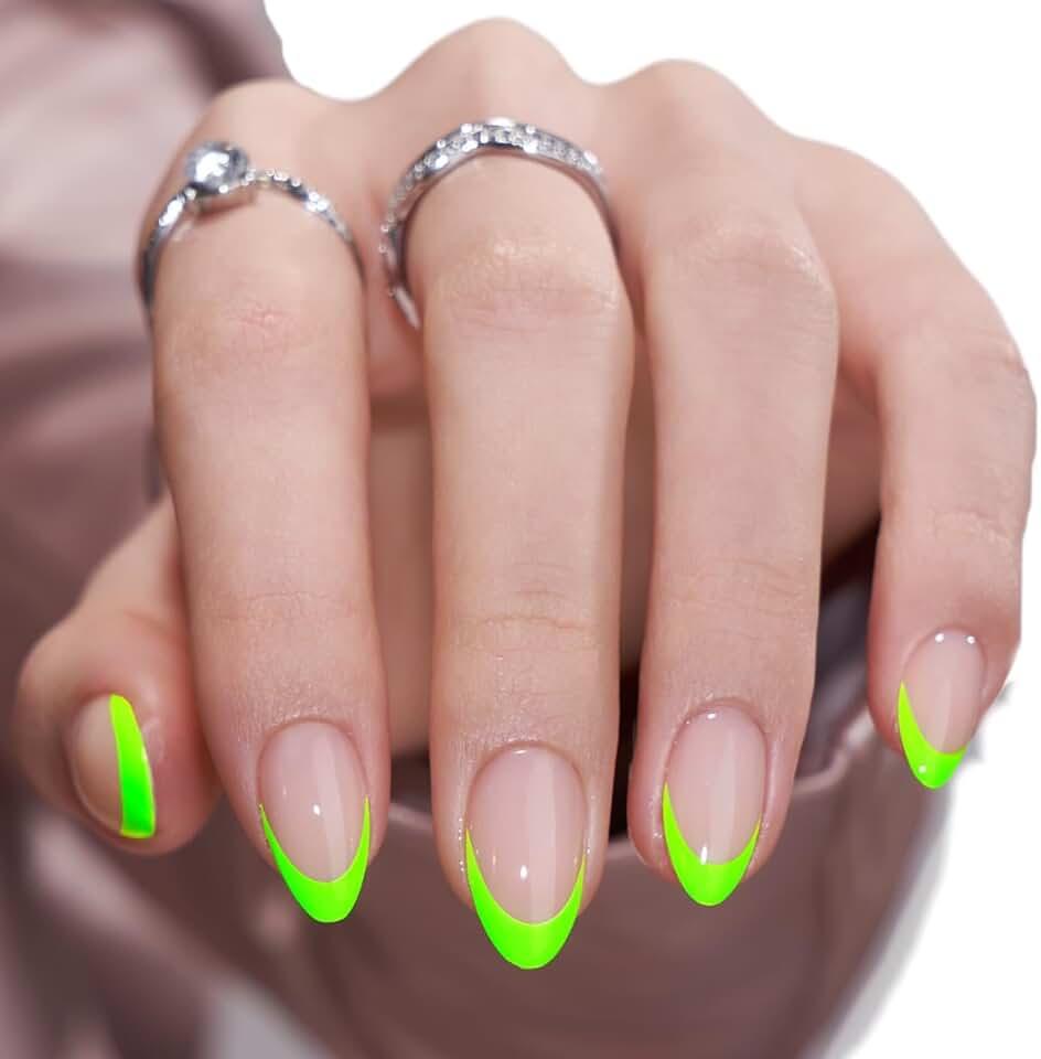 BTArtbox French Tip Press On Nails - Halloween Neow Green Press On Nails Short, Almond Stick On