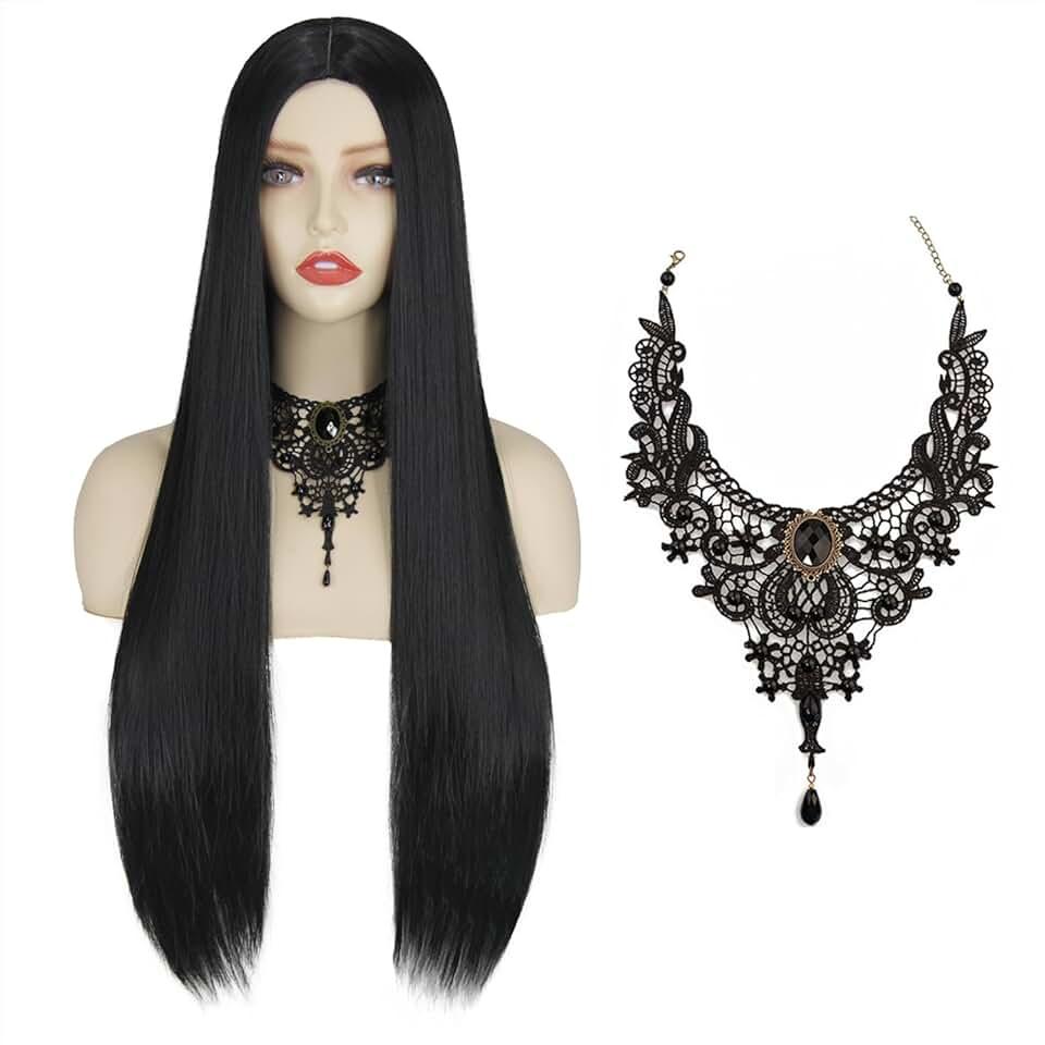 Black Wigs for Gothic Costume Women Halloween Costume Long Black Wig with Necklace Natural Cute