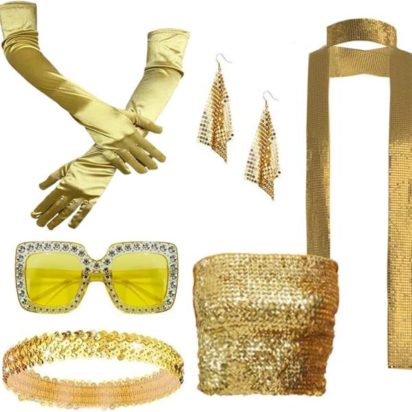 6PCS Womens Disco Costume Accessories 70s Sequin Costume Jewelry Set Tube Top Scarf Sunglasses