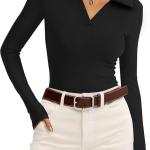 WIHOLL Womens Polo Shirts Long Sleeve Business Casual Tops Collared V Neck Ribbed Knit Sweater Slim Fit Blouses