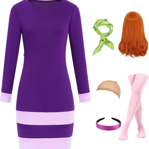 Daphne Costume Women Long Sleeve Purple Mini Dress Adult Halloween Costumes with Accessories Wig