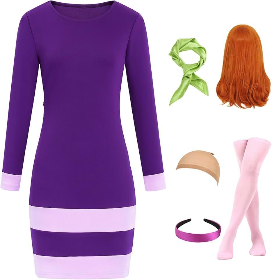 Daphne Costume Women Long Sleeve Purple Mini Dress Adult Halloween Costumes with Accessories Wig