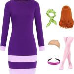 Daphne Costume Women Long Sleeve Purple Mini Dress Adult Halloween Costumes with Accessories Wig