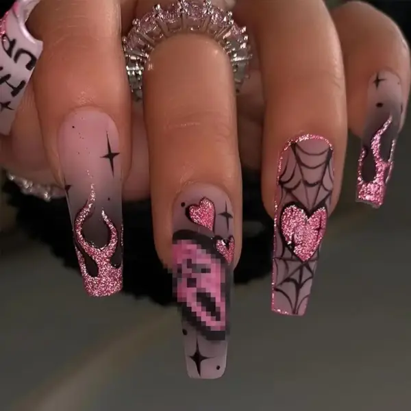 Halloween Press on Nails Long Coffin Fake Nails Pink Glitter False Nails with Designs Cute Ghost