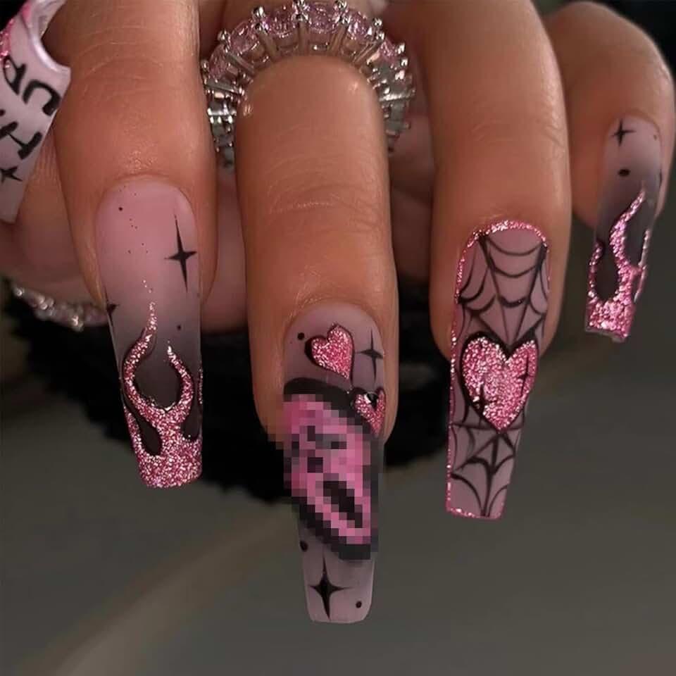 Halloween Press on Nails Long Coffin Fake Nails Pink Glitter False Nails with Designs Cute Ghost