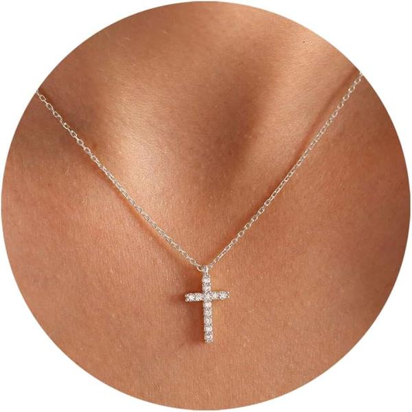 Fesciory Cross Necklace for Women, 14K Gold Plated Cross Pendant Dainty Layered Chain Necklace