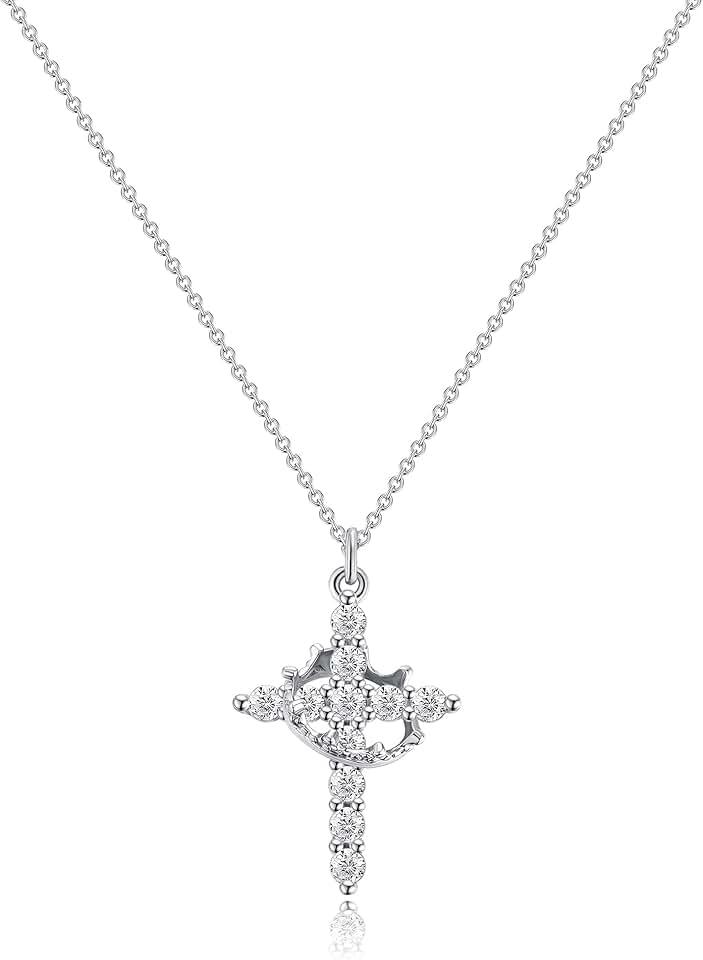 Crown Cross Necklace for Women 14K Gold Plated Crown Cross Pendant Necklace Simple Diamond Gold