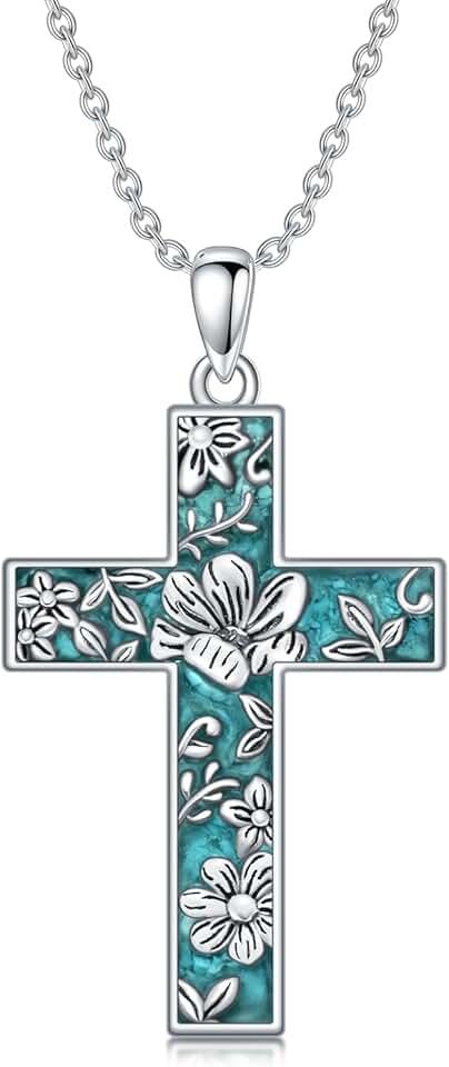 Turquoise Cross Necklace for Women 925 Sterling Silver 12 Month Birth Flower Cross Pendant