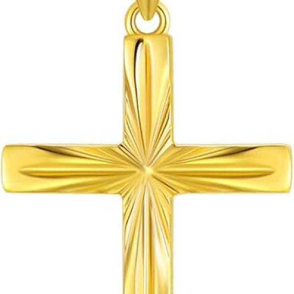 14K Solid Gold Cross Necklace for Women, Delicate Gold Italian Diamond-cut Cross Pendant Necklace