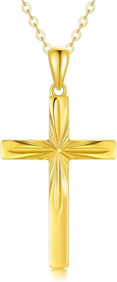 14K Solid Gold Cross Necklace for Women, Delicate Gold Italian Diamond-cut Cross Pendant Necklace