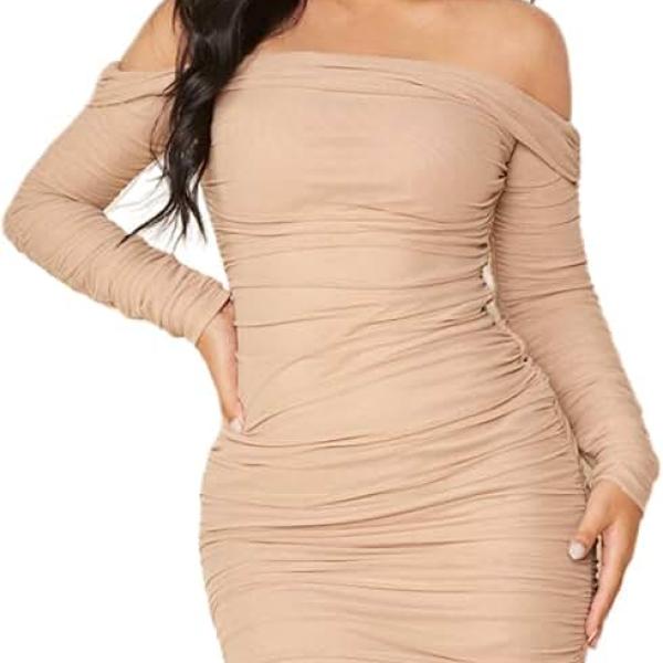 Women's Off Shoulder Ruched Long Sleeve Mesh Bodycon Pencil Dress