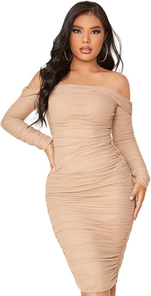 Women's Off Shoulder Ruched Long Sleeve Mesh Bodycon Pencil Dress