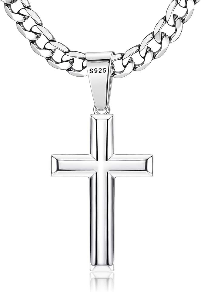 Besteel 925 Sterling Silver Cross Necklace for Men Women 5mm Big Beveled Edge Men's Stainless Steel