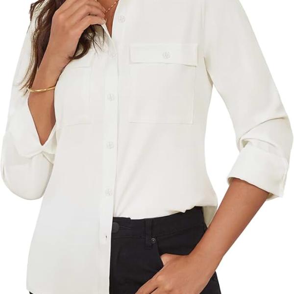 Women's Button Down Blouse Long Sleeve Dress Shirts for Work Office Business Casual Chiffon Tops with Pockets