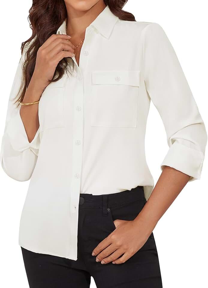 Women's Button Down Blouse Long Sleeve Dress Shirts for Work Office Business Casual Chiffon Tops with Pockets