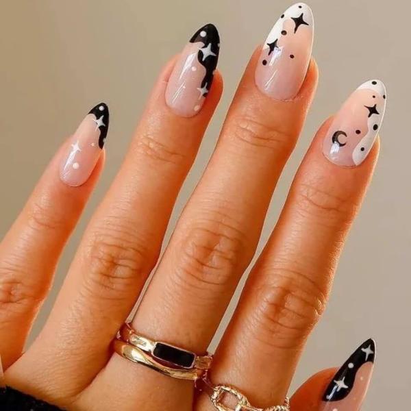 GLAMERMAID Black Press on Nails Medium Almond, Emo Fake Nails Short with Gothic Eyes Desgin, Dark