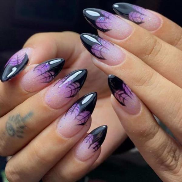 24 Pcs Halloween Pink Almond Short Press on Nails - SHANRUN Black Spider Web French Fake Nails