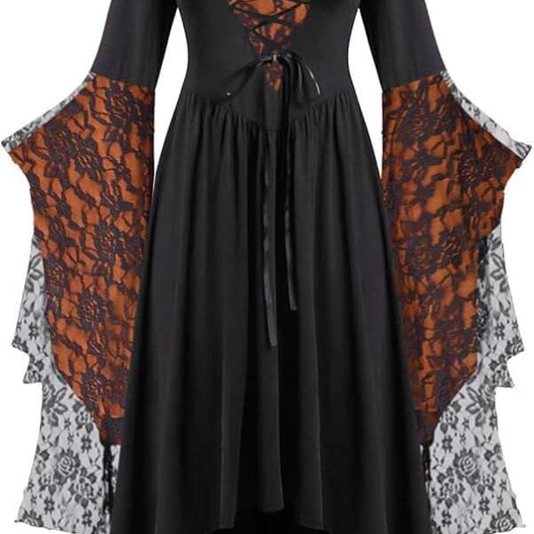 Halloween Costumes Woman 2024 New Renaissance Gothic Dresses Plus Size Lace Bat Sleeve Dresses