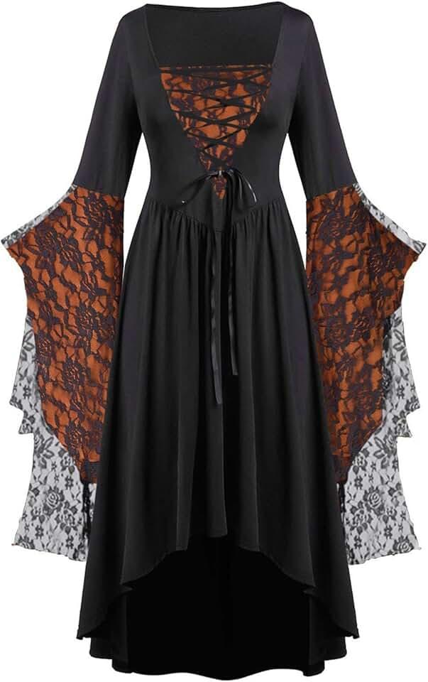 Halloween Costumes Woman 2024 New Renaissance Gothic Dresses Plus Size Lace Bat Sleeve Dresses