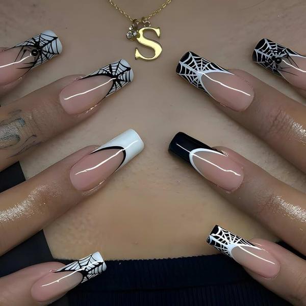 Halloween Press on Nails Long Square Spider Web French Tips Designs Halloween Fake Nails Nude Full