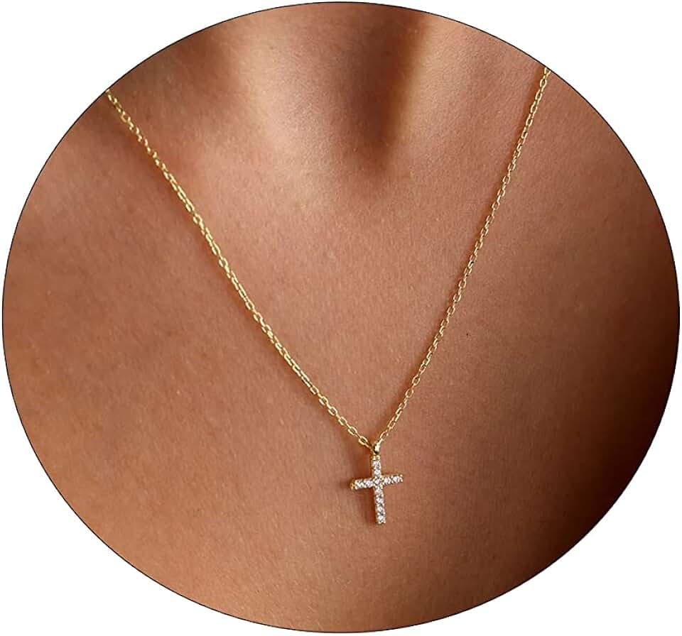 VIROMY Gold Cross Necklace for Women 14K Gold Plated Cute Sidways Cross Pendant Choker Necklaces