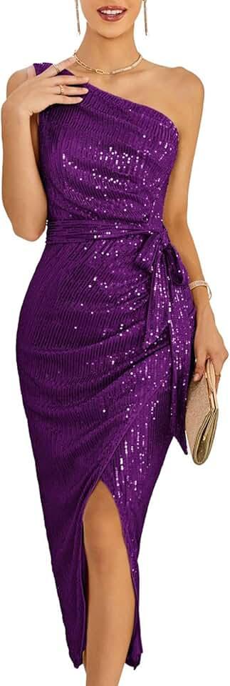 Women Sleeveless One Shoulder Sequin Dress Sparkly Glitter Wrap Dress Cocktail Wedding Maxi Dresses with Slit