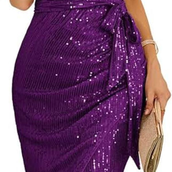 Women Sleeveless One Shoulder Sequin Dress Sparkly Glitter Wrap Dress Cocktail Wedding Maxi Dresses with Slit