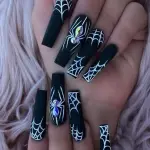 Halloween Press on Nails Long Coffin White Spider Web Fake Nails with Rhinestones Stick on Nail