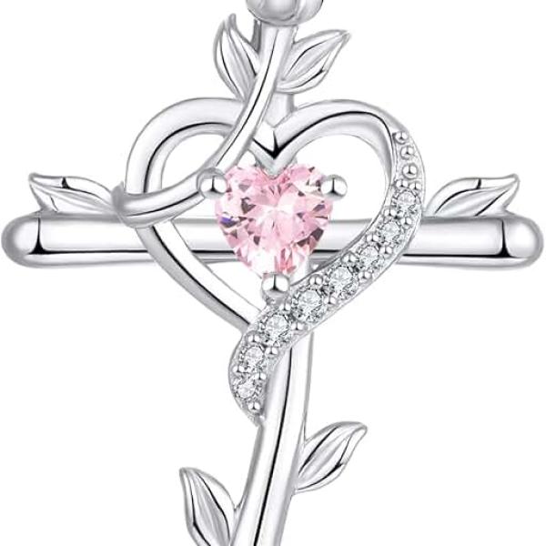 STARCHENIE Rose Cross Necklace 925 Sterling Silver Heart Crucifix Pendant Birthstones Jewelry for