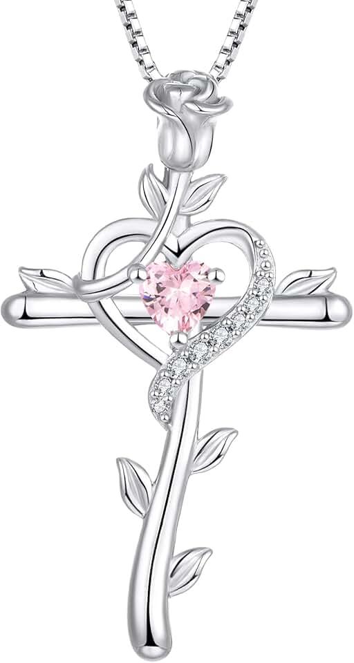 STARCHENIE Rose Cross Necklace 925 Sterling Silver Heart Crucifix Pendant Birthstones Jewelry for