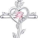 STARCHENIE Rose Cross Necklace 925 Sterling Silver Heart Crucifix Pendant Birthstones Jewelry for