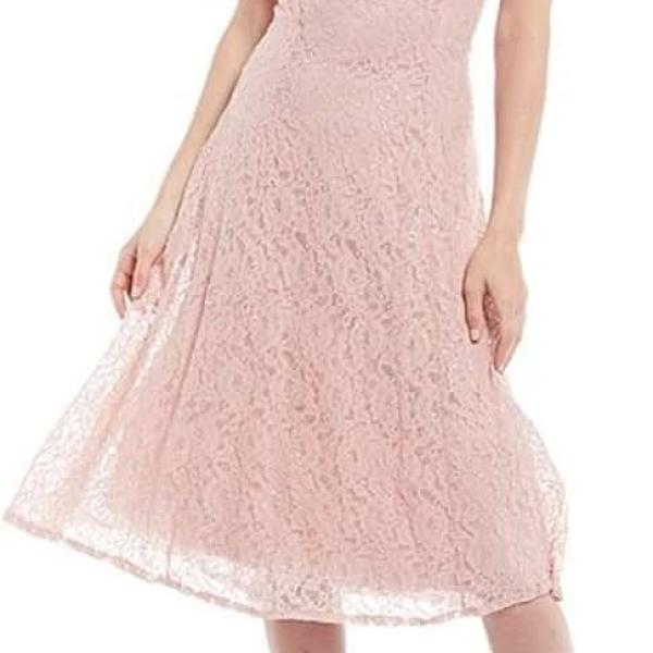 Women's Tea Length Cap Sleeve Sequin Lace A-Line Dress