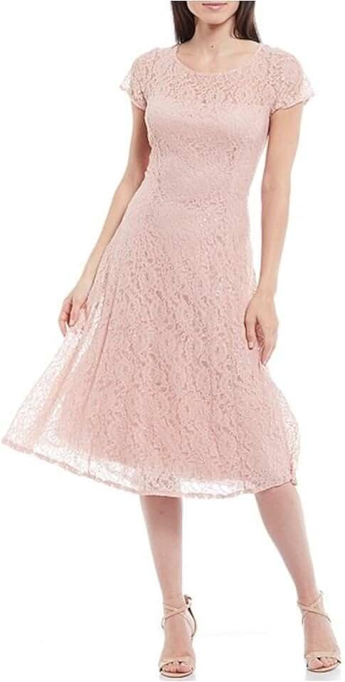 Women's Tea Length Cap Sleeve Sequin Lace A-Line Dress