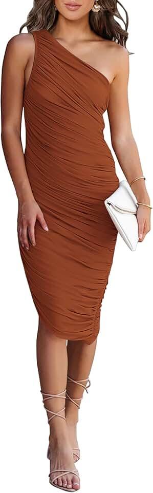 Women's Ruched Bodycon Dress 2024 Summer One Shoulder Sleeveless Party Cocktail Pencil Dresses