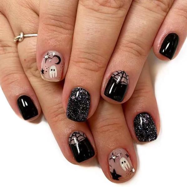 24Pcs Halloween Black Press on Nails Short Square Fake Nails with Black Glitter Design Halloween