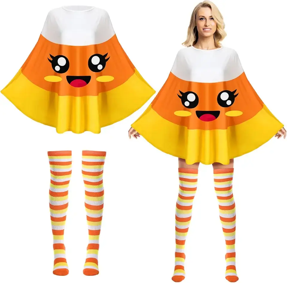 Halloween Candy Corn Costumes Women 2024 Cutie Candy Corn Costume Accessories Poncho Stripe Thigh