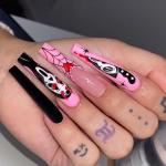 Halloween Press on Nails Square Long Fake Nails with Ghost Faces Heart Spider Web Bleeding Knife