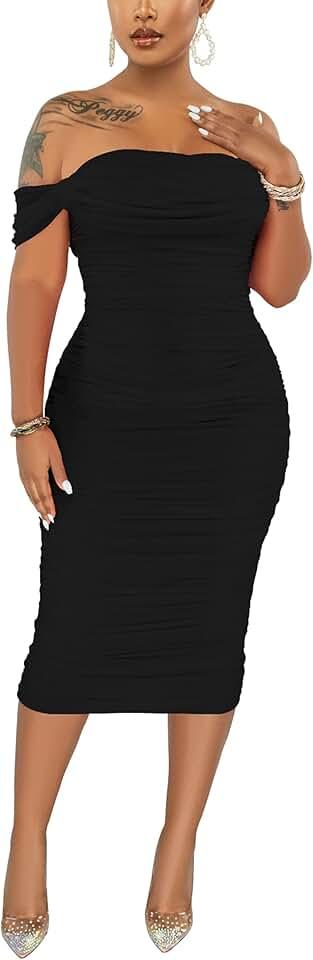 Women's Sexy Off Shoulder Sleeveless Bodycon Ruched Midi Elegant Cocktail Evening Party Night Tube Dresses