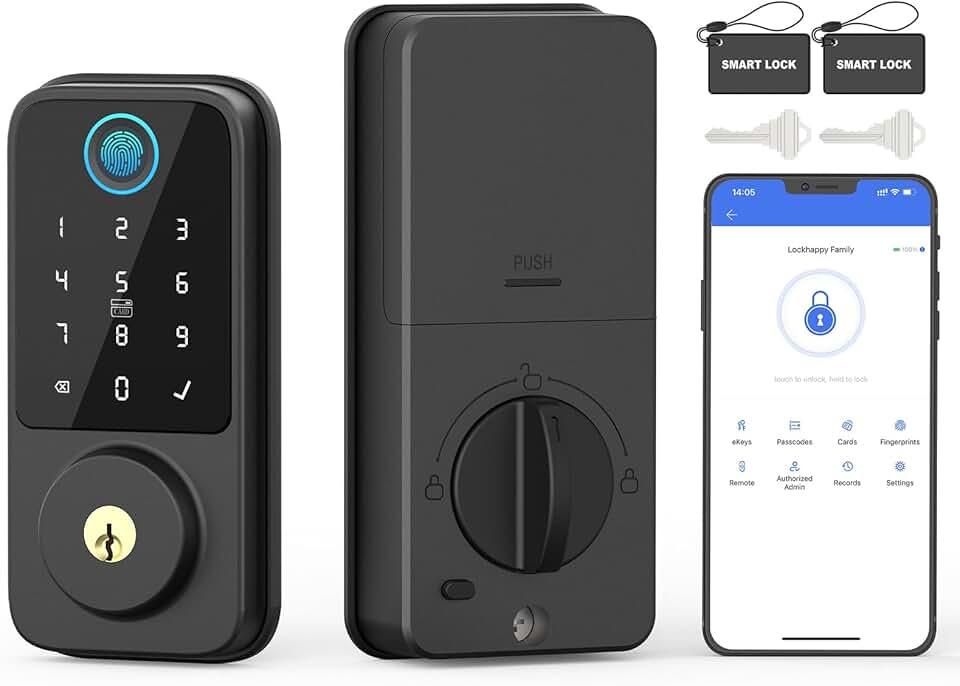 Keyless Entry Door Lock, Smart Deadbolt Lock with Fingerprint, APP Control, Fobs, Digital Keypad,