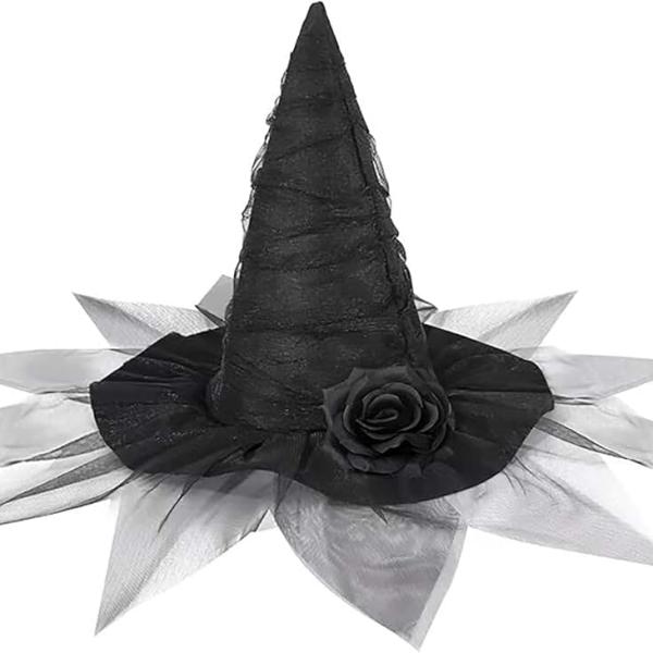 Halloween Witch Hat, Ruched Witches Hats for Women with Veil and Rose Wizard Hats Halloween Costume