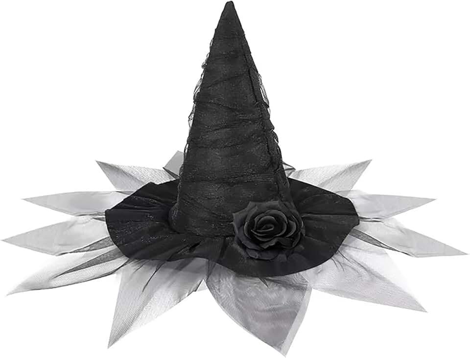 Halloween Witch Hat, Ruched Witches Hats for Women with Veil and Rose Wizard Hats Halloween Costume