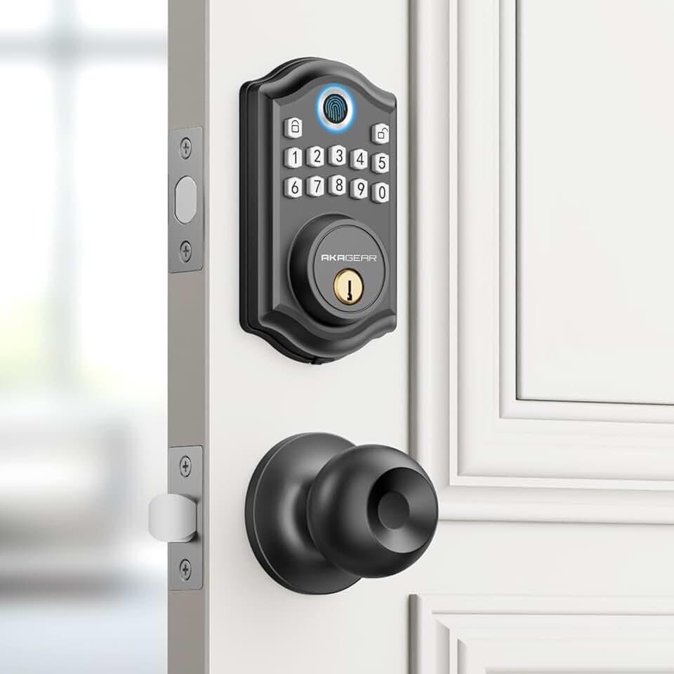 Keyless Entry Door Lock with Handle, AkaGear Fingerprint Door Lock, Electronic Keypad Deadbolt with