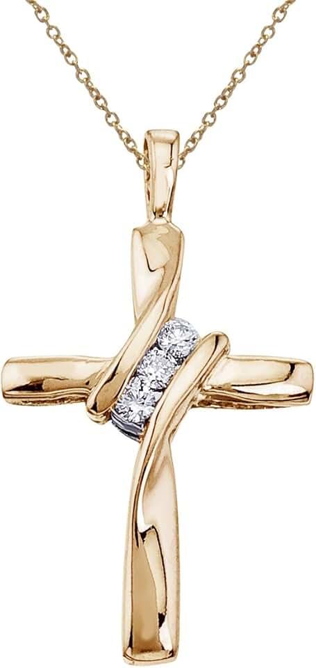 Petite 10k Yellow Gold Three Stone Off Set Diamond Cross Pendant with 18" Chain
