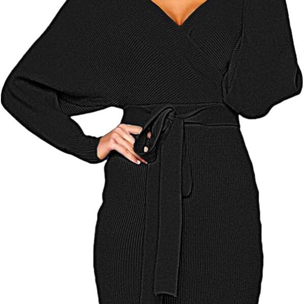 Women's Sexy Cocktail Batwing Long Sleeve Backless Mock Wrap Knit Sweater Mini Dress