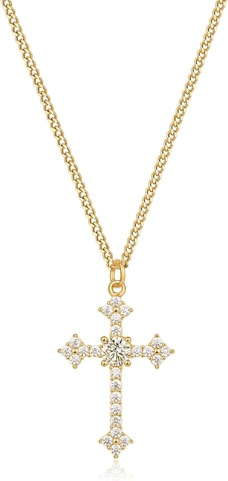 Cross Necklace for Women Trendy 14K Gold Plated Cubic Zirconia Cross Pendant Necklaces Handmade