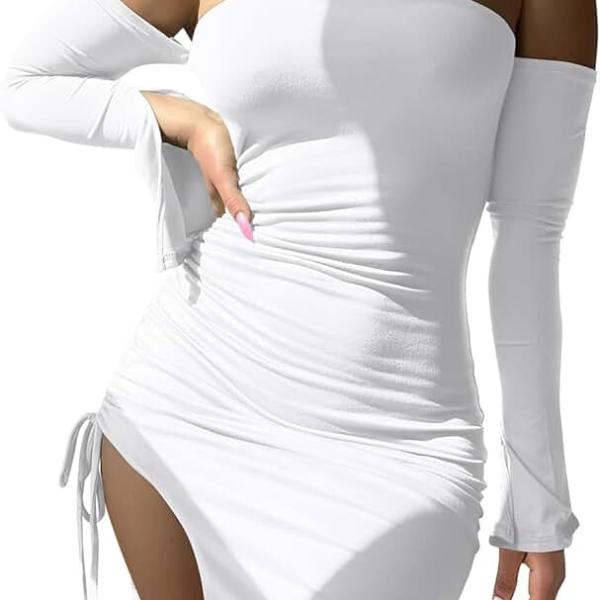 Women's Sexy Off The Shoulder Flared Long Sleeve Drawstring Side Split Mini Club Dress