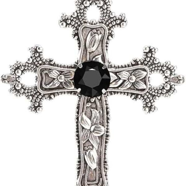 Gothic Cross Necklace Silver-Tone Pendant with Glass Stone, on 25” Steel Chain, Cross Necklace for