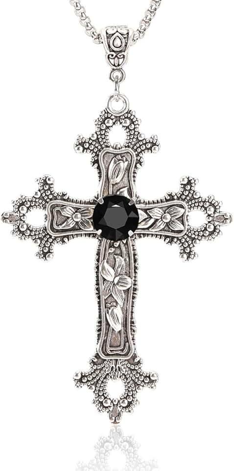 Gothic Cross Necklace Silver-Tone Pendant with Glass Stone, on 25” Steel Chain, Cross Necklace for